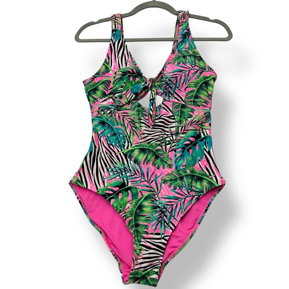 Kian D Neon Palm Leaf Padded Bra Cut Out One Piece Swimsuit Women's XL - Picture 1 of 7